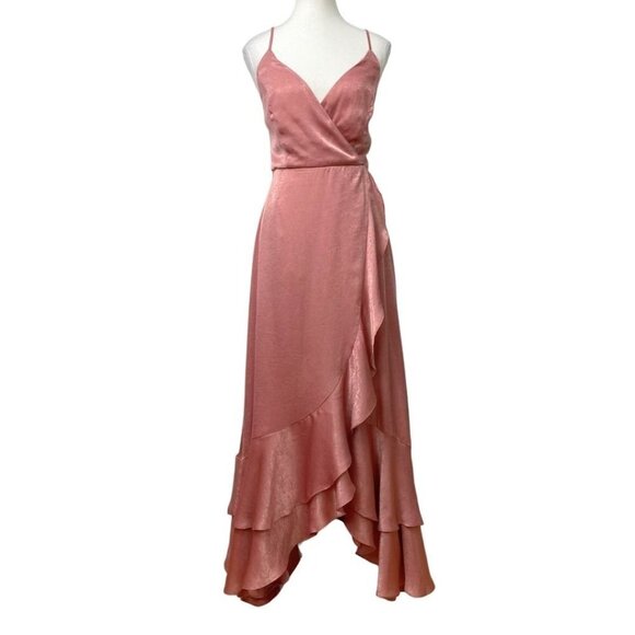 LULUS IN LOVE FOREVER ROSE PINK SATIN LACE-UP HIGH LOW RUFFLE FORMAL DRESS - S - Picture 2 of 10
